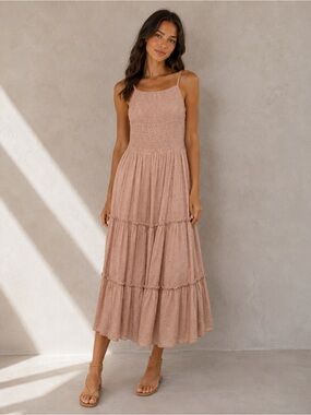 Sim & Sam Dusty Pink Swiss Dot Smocked Tiered Maxi Dress Size S⁠